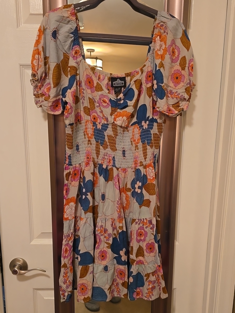 Floral Puff Sleeve Tiered Dress - Blue, Pink & Brown - Picture 1 of 6